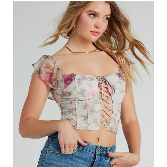 Windsor NWT Floral Mesh Lace-Up Corset Top Fairycore Off Shoulder 💐✨ - Picture 3 of 6